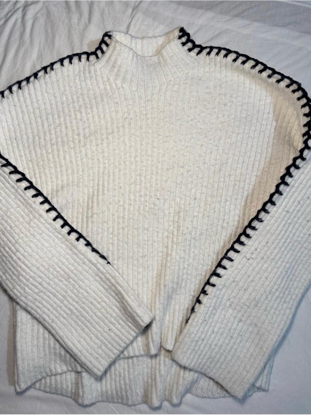 Halogen Cream Ribbed Turtleneck Sweater with Black Trim